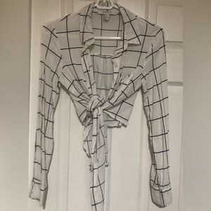 Forever 21 White and Black Checkered Tie-Front Shirt